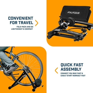 Alpcour bike trainer showing foldable design and quick assembly with a bicycle mounted