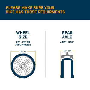Alpcour bike compatibility chart showing wheel size 26 to 28 inches and rear axle width 4.92 to 6.57 inches