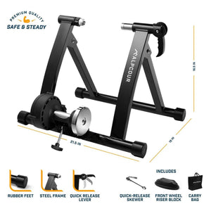 Alpcour bike trainer stand with dimensions and included accessories labeled