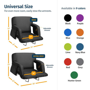 Diagram showing adjustable stadium seat dimensions and nine available color options