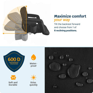 Alpcour stadium seat showing 6 reclining positions and 600D waterproof polyester fabric features