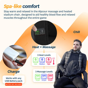 Alpcour stadium chair showing heat and massage settings with USB charging capability