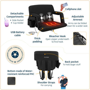 Alpcour heated stadium seat features with cellphone slot, cup holder, bleacher hook, and shoulder straps