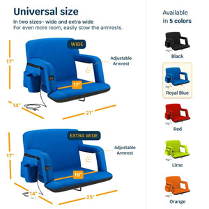 Diagram showing wide and extra wide stadium seat dimensions with five available color options