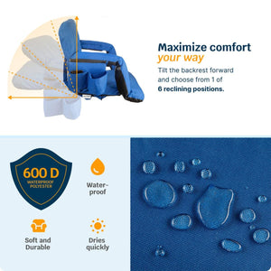 Blue stadium seat showing six reclining positions and waterproof 600D polyester fabric features