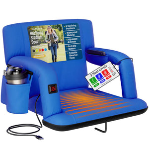Alpcour blue heated stadium seat with cup holder and three heat level settings