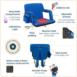 Alpcour heated stadium seat features with detachable pockets, adjustable armrests, bleacher hook, and shoulder straps