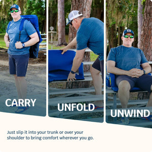 Man demonstrating how to carry unfold and sit on a portable blue stadium seat