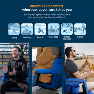 Infographic showing a blue heated outdoor chair used for picnics boating beach rest stops winter activities and games