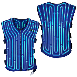 AlphaCool cooling vest showing front and back views with internal blue tubing circulation pattern