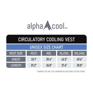 AlphaCool circulatory cooling vest unisex size chart showing chest and length measurements for sizes XS to 4XL