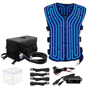 AlphaCool cooling vest system with pump unit, tubing, straps, container, and power adapter
