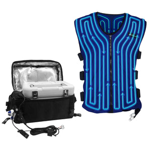 AlphaCool cooling vest with integrated tubing and portable cooling unit in a carry bag