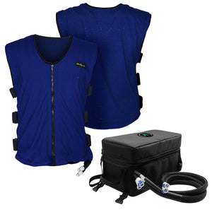 AlphaCool blue cooling vest with front and back views and a black portable cooling unit with hose