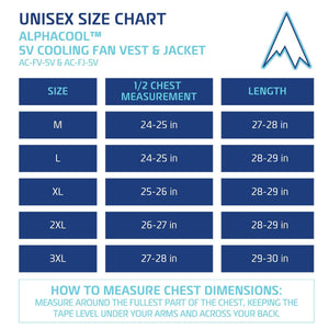 AlphaCool unisex size chart for 5V cooling fan vest and jacket with chest and length measurements