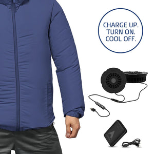 AlphaCool blue jacket with two cooling fans, power bank, and USB cable