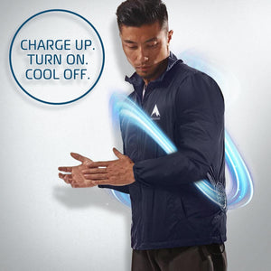 Man wearing an AlphaCool jacket with an integrated cooling fan and blue light effects