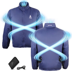 AlphaCool navy blue cooling jacket with integrated fans and portable power bank