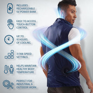 Man wearing a cooling vest with icons highlighting features like power bank, fan speed, and temperature control