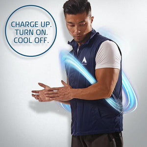 Man wearing a navy Alphacool cooling vest with integrated fan and blue air circulation graphic