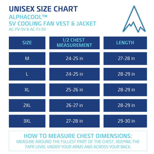 Alphacool unisex size chart for 5V cooling fan vest and jacket showing chest and length measurements in inches