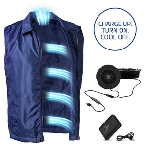 AlphaCool blue cooling vest with two fans, power bank, and charging cable