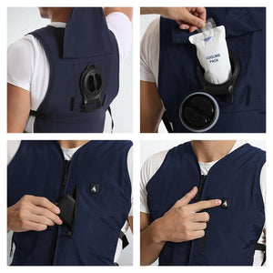 AlphaCool vest showing cooling pack insertion and battery pocket operation