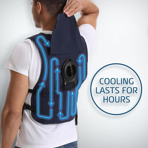 AlphaCool cooling vest showing air circulation flow with text overlay cooling lasts for hours