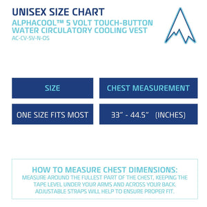 AlphaCool unisex size chart for water circulatory cooling vest showing one size fits most for 33 to 44.5 inch chests