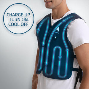 Man wearing an AlphaCool cooling vest with illuminated blue airflow graphic