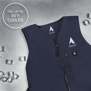 AlphaCool navy blue cooling vest with zipper and logo on a grey background with ice cubes