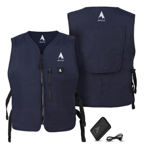 Front and back view of navy Alphacool cooling vest with power bank and charging cable