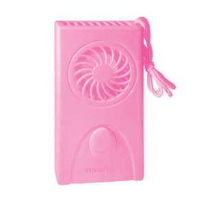AlphaCool pink handheld turbo fan with lanyard