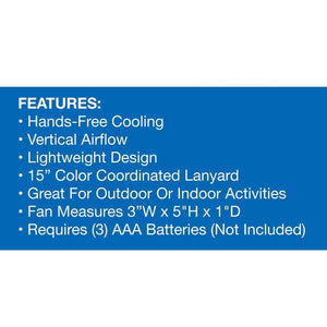 AlphaCool portable fan features list including hands free cooling vertical airflow and dimensions