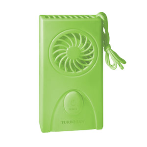AlphaCool lime green handheld turbo fan with power button and lanyard