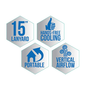 AlphaCool feature icons showing 15 inch lanyard, hands-free cooling, portable design, and vertical airflow
