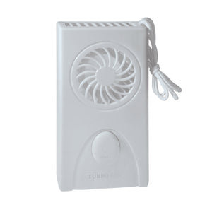 AlphaCool white portable turbo fan with lanyard