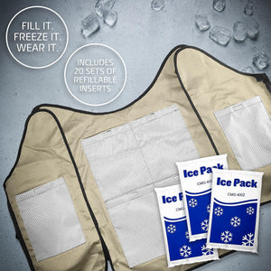 AlphaCool cooling vest with pockets and three blue ice packs