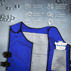 Blue cooling vest with ice pack insert and instructional icons for outdoor use