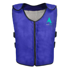 Blue Alphacool cooling vest with front zipper and side adjustment straps