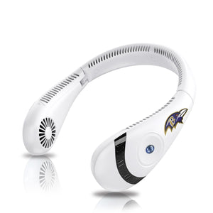 White wearable neck fan with Baltimore Ravens logo