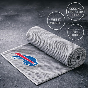 Buffalo Bills cooling towel with wet it wear it and cooling lasts for hours text overlays