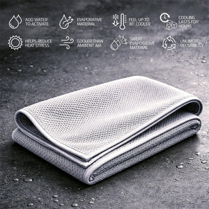 AlphaCool grey evaporative cooling towel with feature icons and text on a dark surface