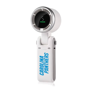 White handheld portable fan with Carolina Panthers logo and digital battery display