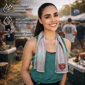AlphaCool cooling towel with Chicago Bears logo worn by a woman at an outdoor event