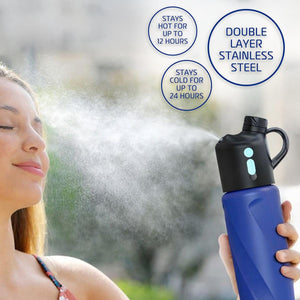 AlphaCool blue stainless steel misting water bottle with text overlays highlighting temperature retention features