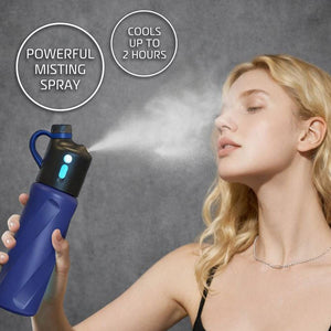 AlphaCool misting water bottle spraying mist onto a woman face