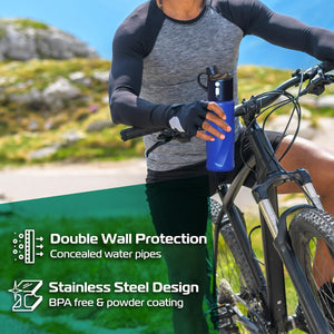 AlphaCool blue water bottle with double wall protection and stainless steel design held by a cyclist