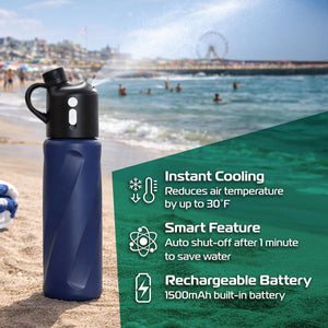 AlphaCool blue misting water bottle with cooling and battery features on a beach