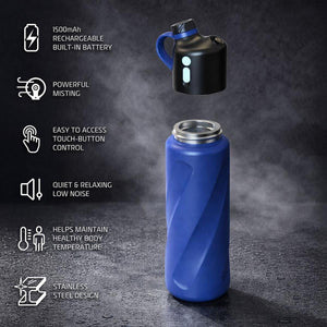 AlphaCool misting water bottle with rechargeable battery and stainless steel design features